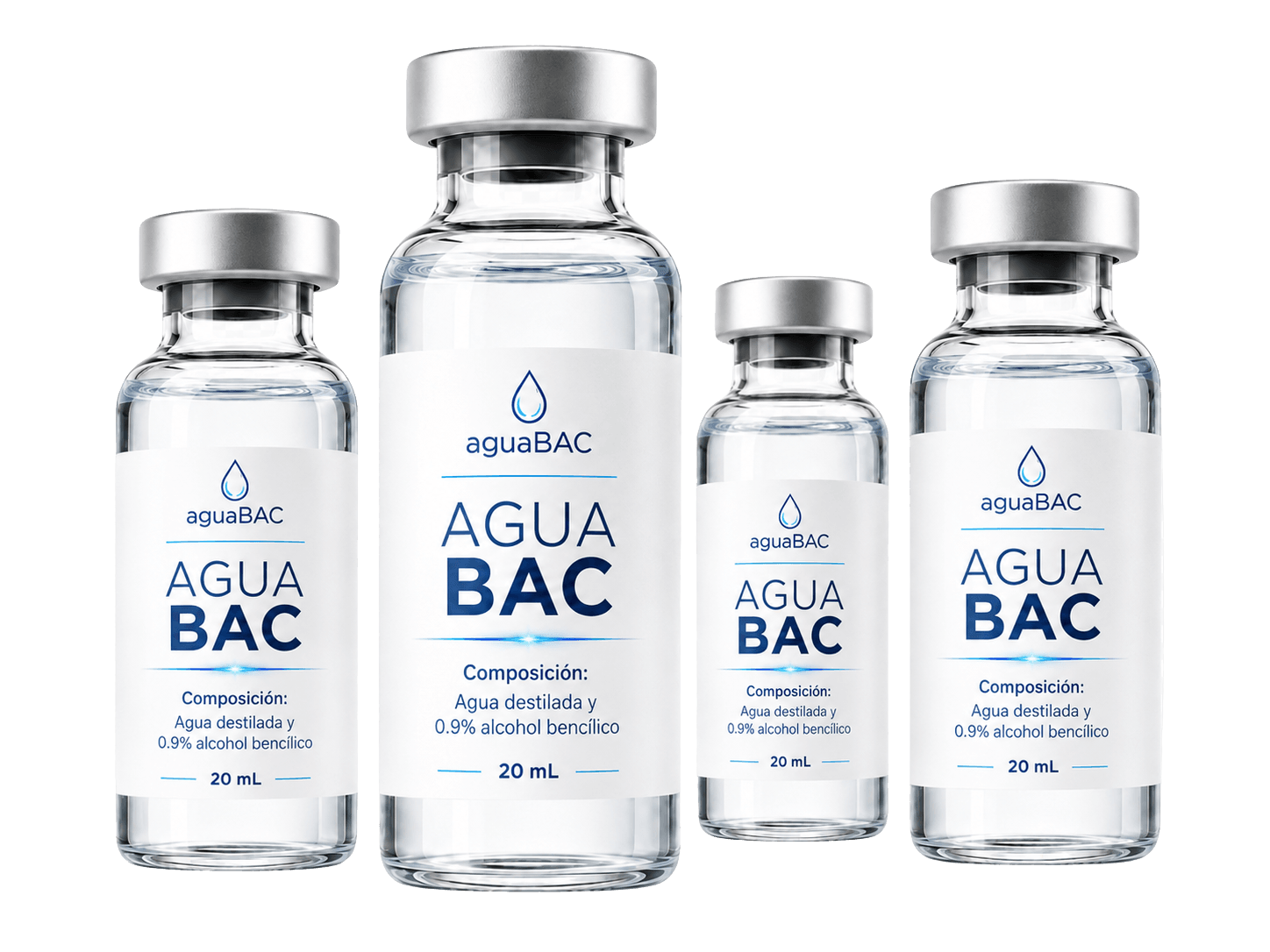Vialitos de Agua BAC en cuatro presentaciones, agua bacteriostática con 0.9% alcohol bencílico